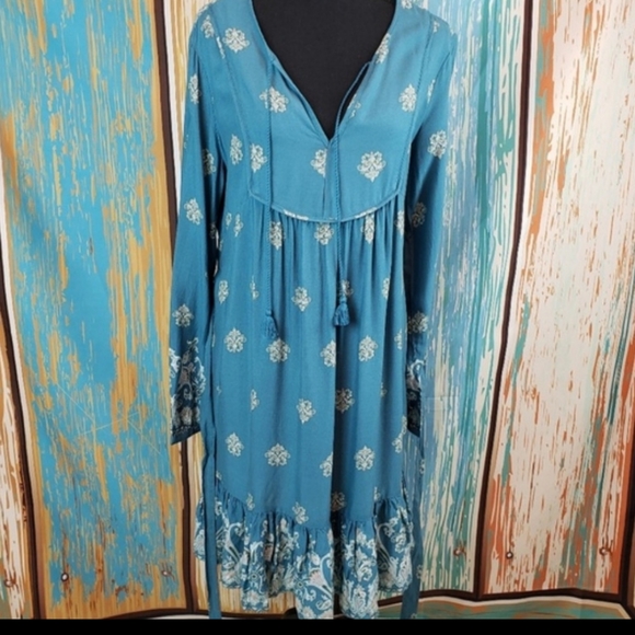 Time and Tru Teal Boho Peasant Dress Size Large - Picture 2 of 6